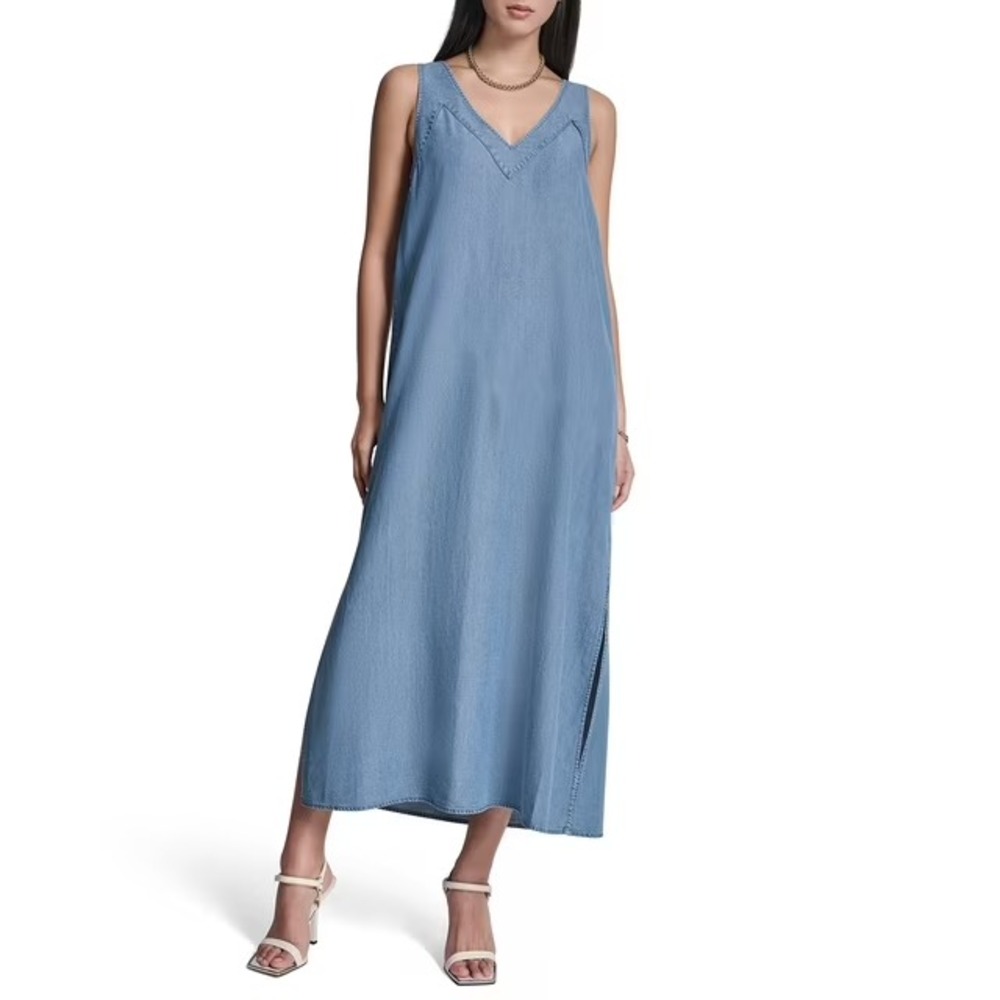 NWT DKNY Womens Chambray Maxi Dress Light Wash Blue Sleeveless S